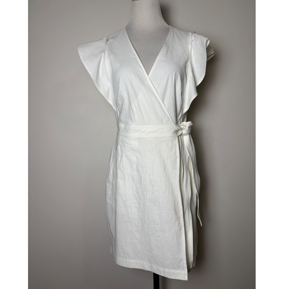 A.L.C. Sidelle Linen Blend Wrap Dress 10 Flutter Sleeve Coastal Minimalist